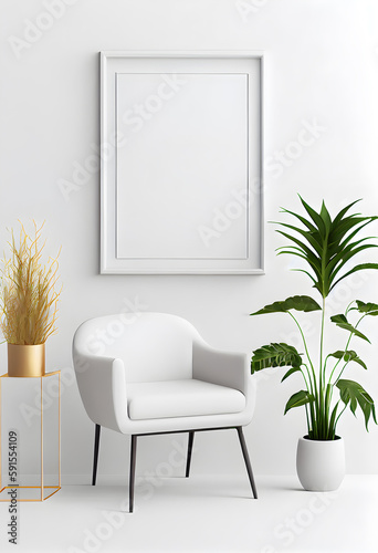 Modern interior with white armchair and plants pots. AI Generative 