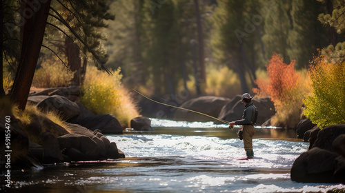 Fotografia a man fly fishing in a river. Generative ai
