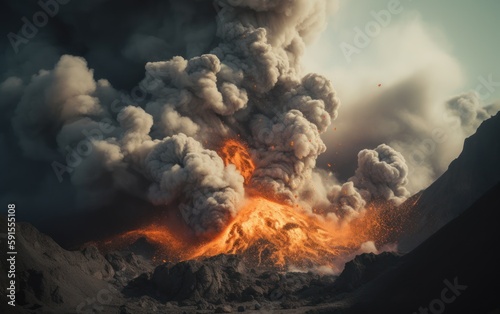 volcanic eruption, hot lava, dangerous phenomenon of nature, generative ai © vladischern