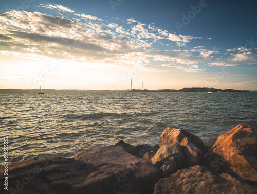 Sailboats in the port at lake Balaton, Hungary in summer