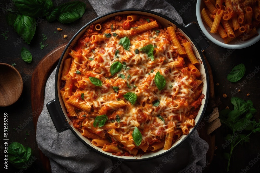 Baked Ziti Vegetarian, Top View. Generative AI Baked Ziti Vegetarian, Top View. Generative AI