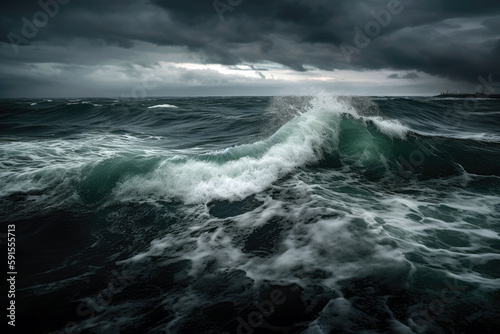 Isolated Sea Wave Captured In Stormy Weather  With Dark Clouds And Choppy Waters. Generative AI