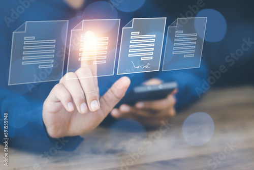 professional digital business man doing sign file report folder accounting on document management system technology to record paperwork database on cloud computing  internet online security
