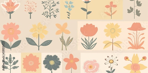 Vintage retro floral clipart collection, colored cartoonish design, minimalist backdrop, light pink and yellow, whimsical flower motifs. Generative AI