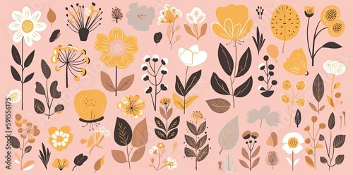 Vintage retro floral clipart collection, colored cartoonish design, minimalist backdrop, light pink and yellow, whimsical flower motifs. Generative AI