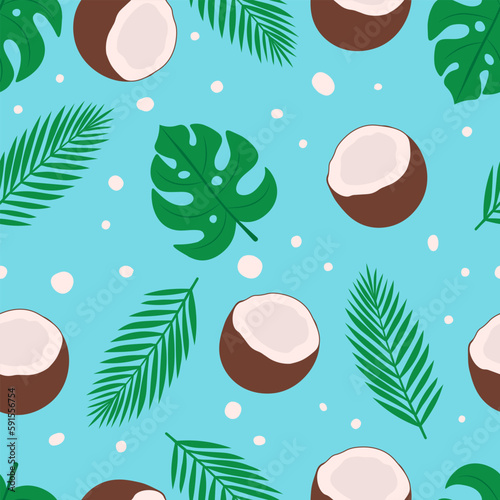 Seamless pattern coconut tropical leaves vector illustration