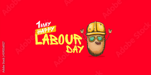 1 may labour day horizontal banner with cartoon funky rock n roll labour potato character with sunglasses and orange helmet isolated on red background. Mayday cartoon poster design template
