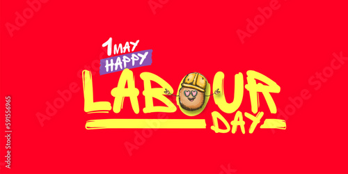 1 may labour day horizontal banner with cartoon funky rock n roll labour potato character with sunglasses and orange helmet isolated on red background. Mayday cartoon poster design template