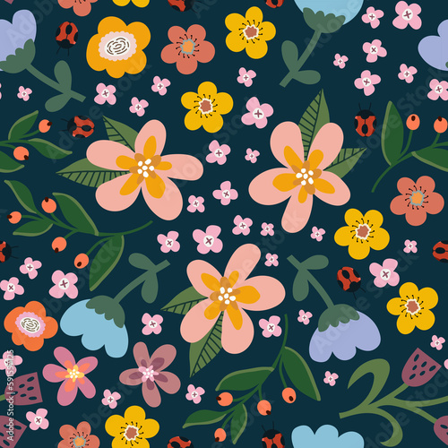 Seamless Summer flower pattern. Cartoon Summer flowers  leaves  and berries print. Cute floral wallpaper. Perfect for creative projects  including textiles  stationery  home decor  and more.