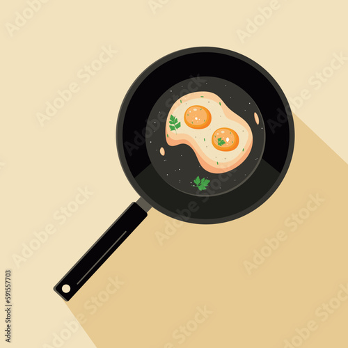 Fried eggs in frying pan on brown yellow background. Tasty food dish for breakfast vector illustration