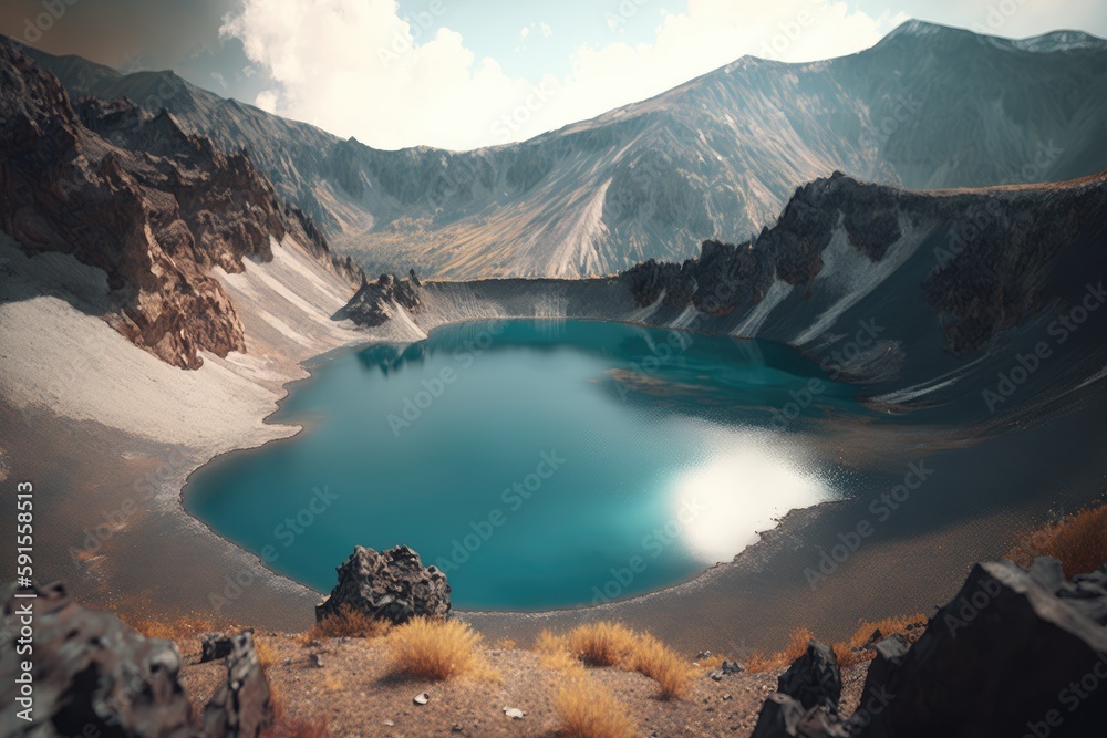 The Serenity of the Tranquil Lake in the Volcanic Crater on a Perfectly Sunny Day Generative AI