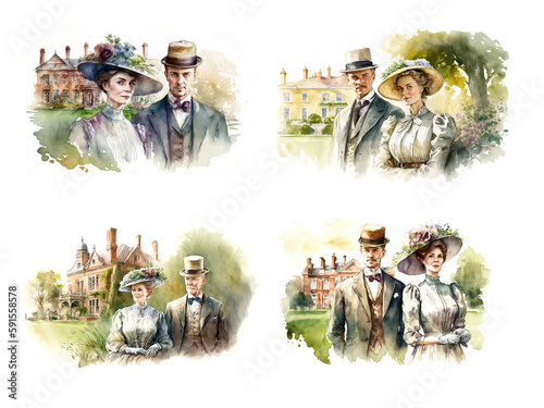  Set of portraits of English Edwardian couples with grand houses in the background. AI generative illustrations in a detailed watercolor style