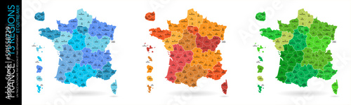 Carte de France / 13 régions et outre-mer avec départements, numéros et chefs-lieux / Un tracé autonome par zone)