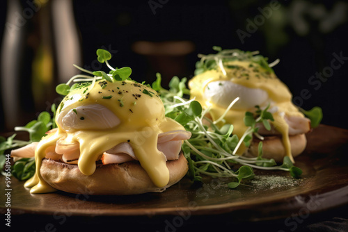 Burger with bacon and poached eggs in creamy mustard sauce. Delicious healthy English breakfasts with micro greenery close-up. Generative AI. photo