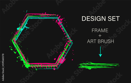 Set of design elements, hexagonal frame, grunge art brush. Geometric shape with copy spase, paint brush strokes, spattered paint of neon bright colors. Virtual abstract clip art
