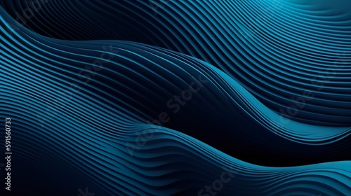 Abstract background with dark blue curved waves with flowing stripes. Elegant wallpaper with soft dynamic effect for business template. Horizontal illustration for banner design. Generative AI.