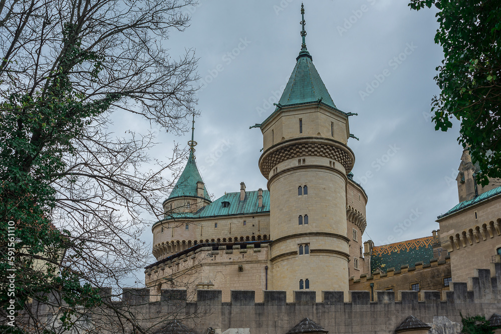 Fototapeta premium Bojnice medieval castle, UNESCO heritage in Slovakia. Romantic castle with gothic and Renaissance elements built in