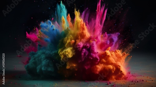 Abstract background with colorful powder explosion. Bright wallpaper with dust explode with splashing paint drops. Festival colors bomb. Horizontal illustration for banner design. Generative AI.