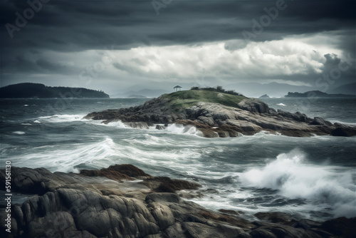 coastal landscape in storm with island at the horizon, generative ai © Loks
