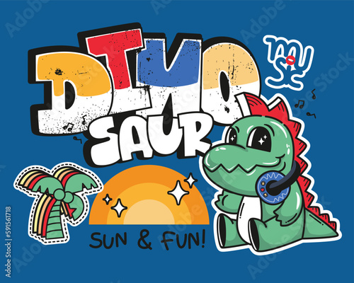 Cute cartoon t-rex dinosaur with headphones on the beach isolated on blue background illustration vector, Sun and fun birthday party card.