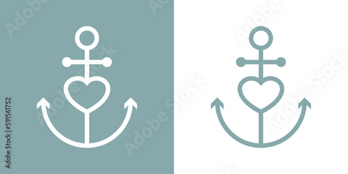 Logo Nautical. Love anchor. Ancla de barco lineal con corazón