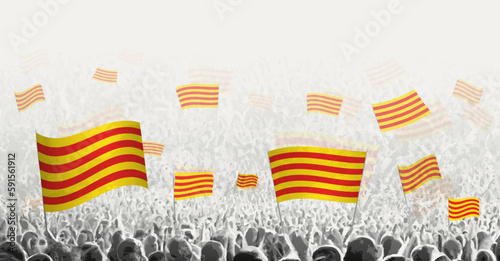Abstract crowd with flag of Catalonia. Peoples protest, revolution, strike and demonstration with flag of Catalonia.