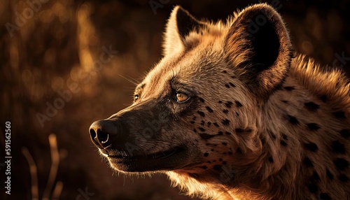 Portrait of a Hyena in the morning sunlight in the African savannah. Generative AI.