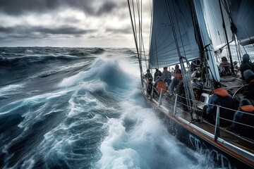 Tableau sur toile  Sailboat Heeling Over in Strong Wind with Crew Trimming Sails.  © Digital Dreamscape