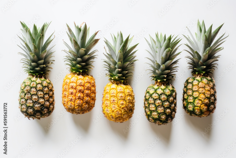 Pineapple, ananas, Multiple pineapples on a white background, generative ai, Fresh tasty fruit Pineapple, ananas, Multiple pineapples on a white background, generative ai, Fresh tasty fruit