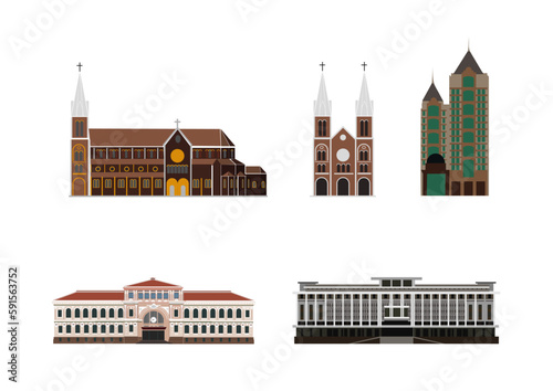 iconic buildings of Ho Chi Minh city (Saigon) (Dinh Thong Nhat, Dinh Doc Lap, Nha tho Duc Ba, toa nha HSBC, bưu điện thành phố - Reunification palace, city postale, Notredame Cathedrale Saigon) 