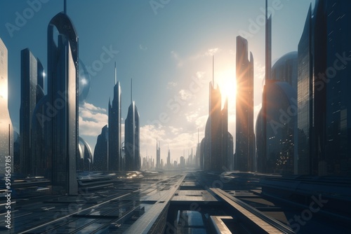 A futuristic cityscape with advanced renewable energy sources, such as wind or solar power, Generative AI