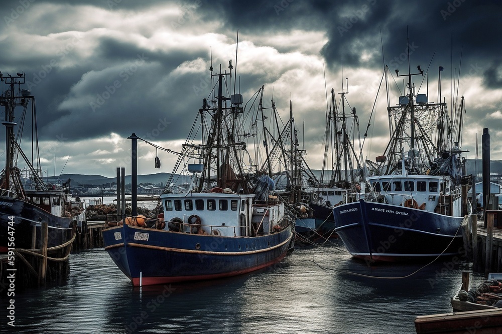 Fishing Trawlers at Harbor with Storm Clouds, Generated by AI