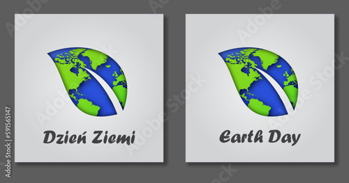 Earth Day. Earth as a leaf. Paper cut effect. polish and english version.