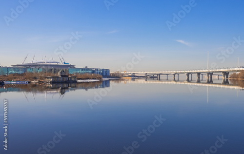 Spring landscape of St. Petersburg. Embankment of the river Bolshaya Nevka. Landmark of the city.