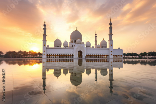 Abu Dhabi, UAE, Sheikh Zayed Grand Mosque in the Abu Dhabi, United Arab Emirates on a sunset. Generative AI