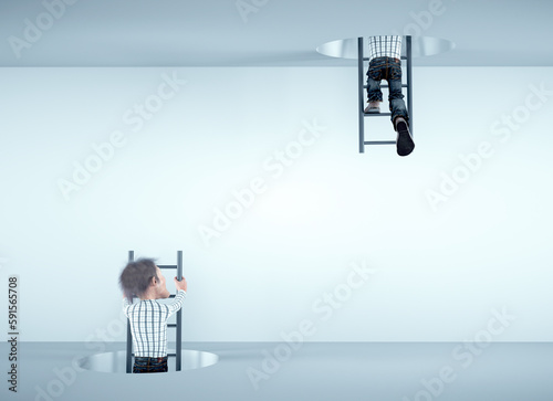 Man climb a ladder and gets out  in the same place.