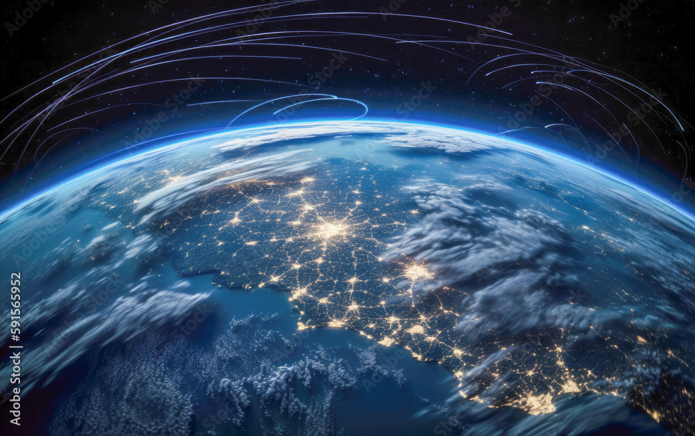 Obraz premium Cosmic Fusion: An Awe-Inspiring Visual Experience of Earth, Outer Space, and Cutting-Edge Technology