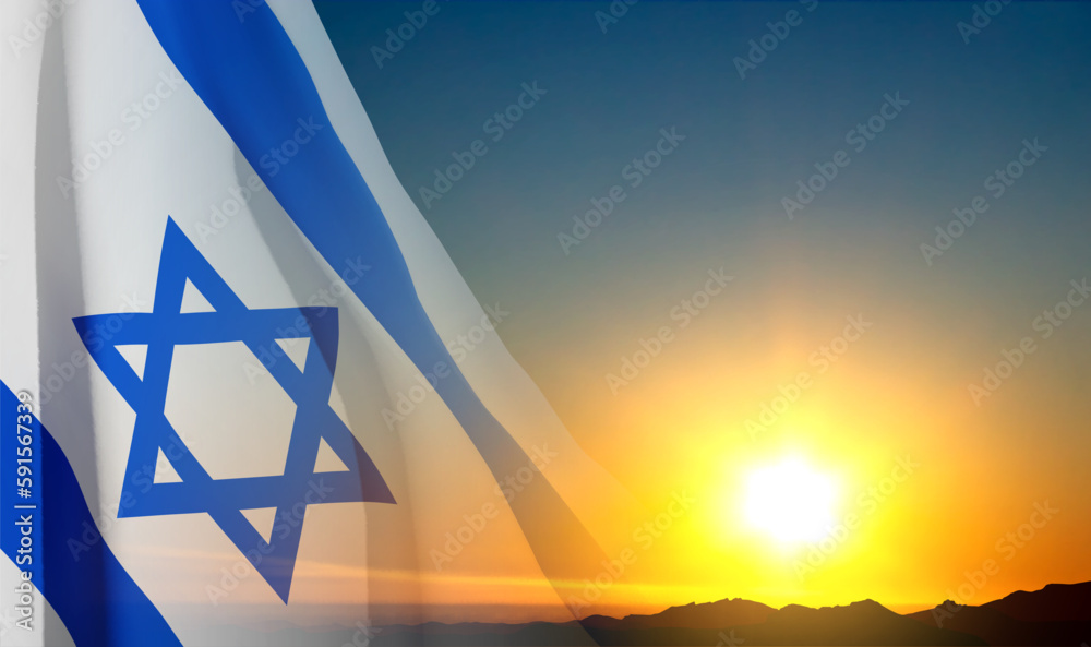 Israel flag with a star of David against the sunset. Patriotic concept. EPS10 vector