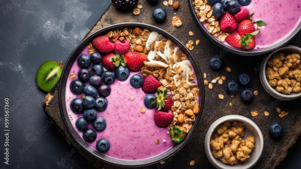 Healthy smoothie bowl with granola, blueberries and raspberries. Top view on a dark marble background. Vegan or vegetarian food. Generative AI Healthy smoothie bowl with granola, blueberries and raspberries. Top view on a dark marble background. Vegan or vegetarian food. Generative AI
