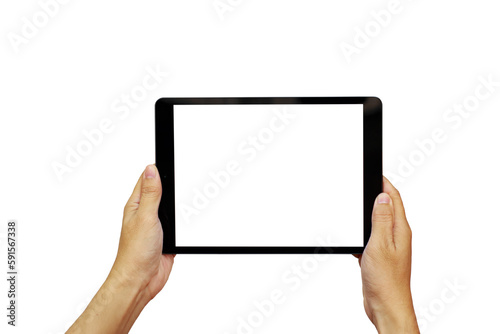 Digital tablet mockup for advertising. Mock up tablet on person hand holding and using with blank white screen copy space for text advertisement.