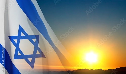 Israel flag with a star of David against the sunset. Patriotic concept. EPS10 vector