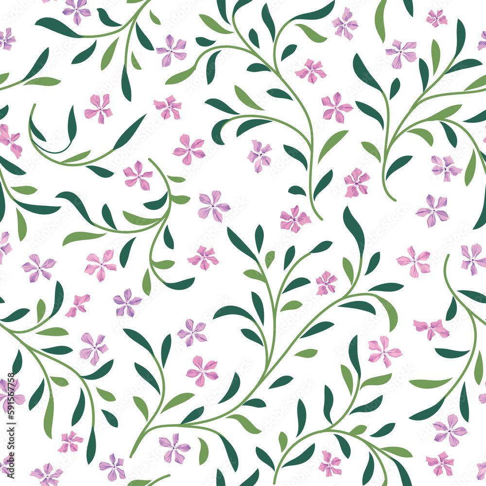 Floral seamless pattern. Branch with flowers and leaves ornamental texture. Flourish nature summer garden background