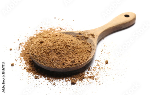 Coriander powder in wooden spoon isolated on white, side view
