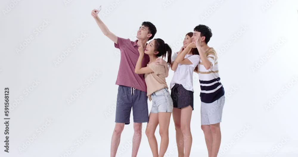 Cheerful young friends taking selfie with smartphone,4K Cheerful young friends taking selfie with smartphone,4K