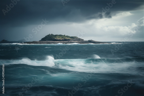 ocean landscape in storm with tropical island at the horizon,generative ai