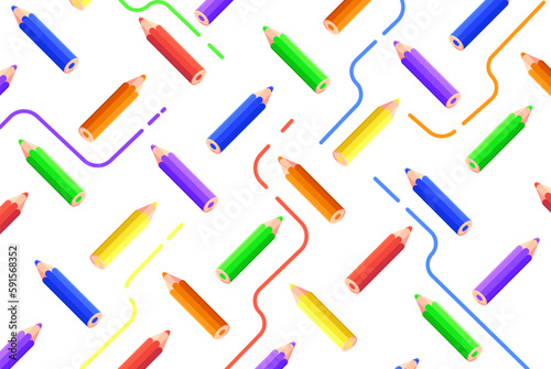 Pencils vector pattern illustration. Different colors pencils with lines on the light background.