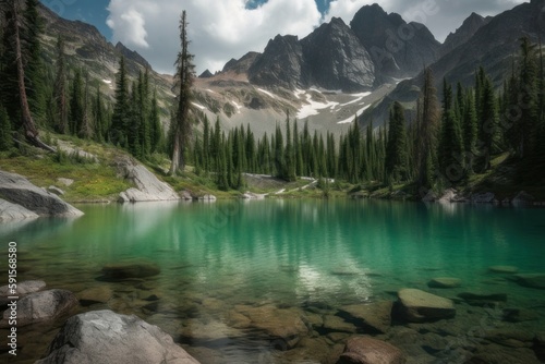 Gran Teton National Park, a breathtakingly beautiful wilderness with towering peaks, alpine lakes, verdant forests, and misty landscapes, with generative AI technology