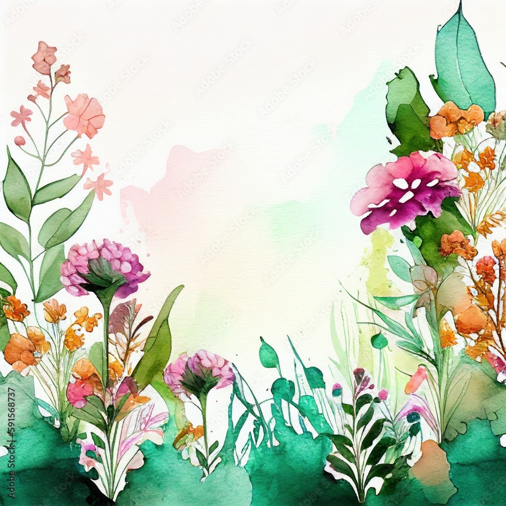 Watercolor background with summer seasonal flowers on the border by Generative AI