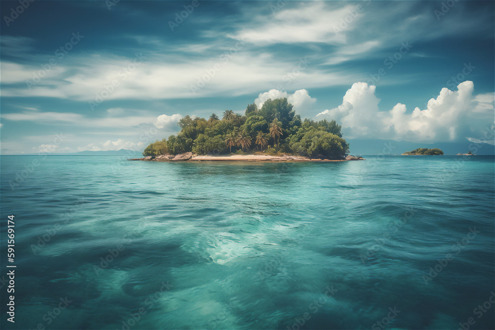 ocean landscape with tropical paradise island at the horizon, generative ai ocean landscape with tropical paradise island at the horizon, generative ai