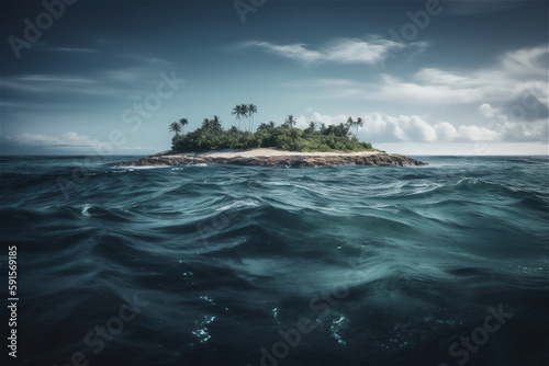 ocean landscape with tropical paradise island at the horizon, generative ai